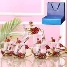 

Enamel cup kettle set with tray and spoon heat-resistant glass household teacups Flower teapot coffee pot