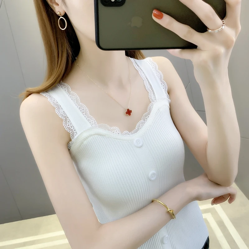 

Room 201135, row 8, No. 2, middle] real shooting lace splicing sleeve, single breasted solid color knitting sling 23