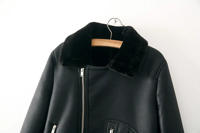 Толстая зимняя теплая куртка из искусственной кожи с меховым воротником, кожаная куртка с флисовой подкладкой, мотоциклетная куртка, женская черная куртка из искусственной кожи