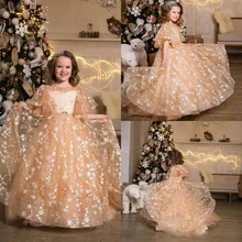 Новинка; дизайнерские платья цвета шампанского с цветочным узором для девочек; кружевные вечерние платья с короткими рукавами; праздничное платье на день рождения на заказ