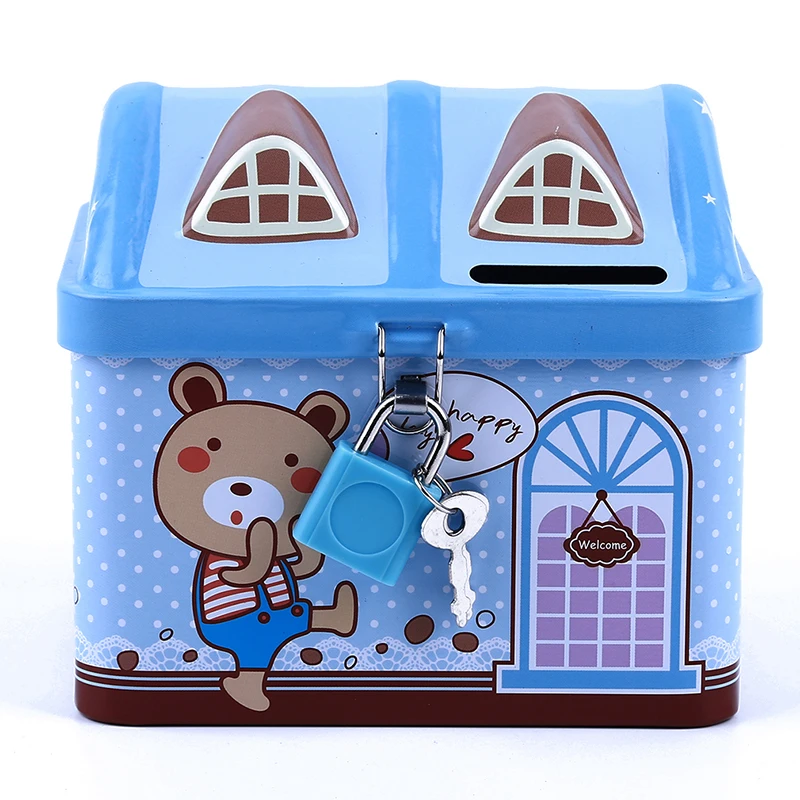 New metal house shape piggy bank coin safe storage box child piggy banks key lock money box creative children Christmas gift - Цвет: blue