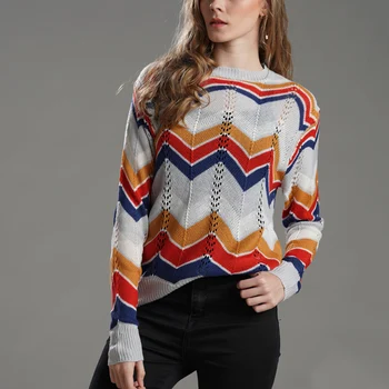

Women Rainbow Color Long Sleeve Round Collar Knitting Sweater for Autumn Winter FEA889