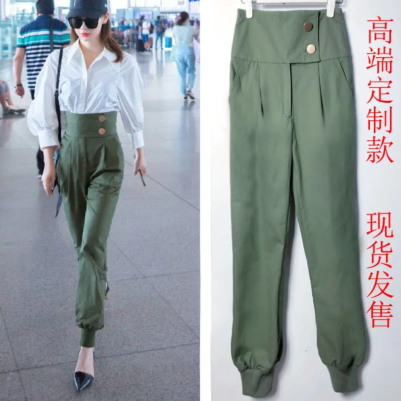 European Autumn New Women Army Green High Waist Tight Side Button with Pockets Long Loose Cargo Pants Fashion Streetwear 2019 | Женская