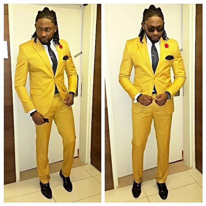 

2020 Yellow Slim Fit Mens Wedding Prom Suits Tailor Made 2 Pieces Groom Tuxedos One Button Blazer men suit