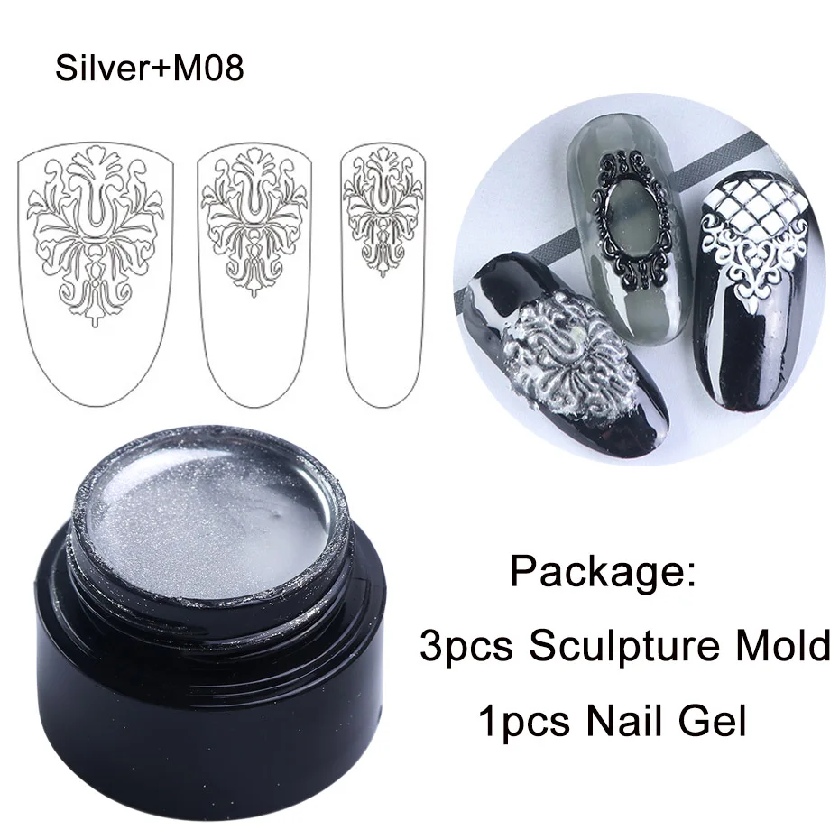 6 мл моделирующий Гель-лак для ногтей УФ-светодиодный Гель-лак для ногтей, силиконовая форма для резьбы, набор акриловых зажимов для дизайна ногтей, маникюрный JI1021-1 - Цвет: Silver And M08