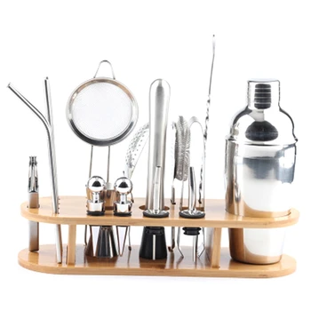 

Cocktail Shaker Set of 17 Bamboo Wooden Frame Set Bartender Utensils 550Ml
