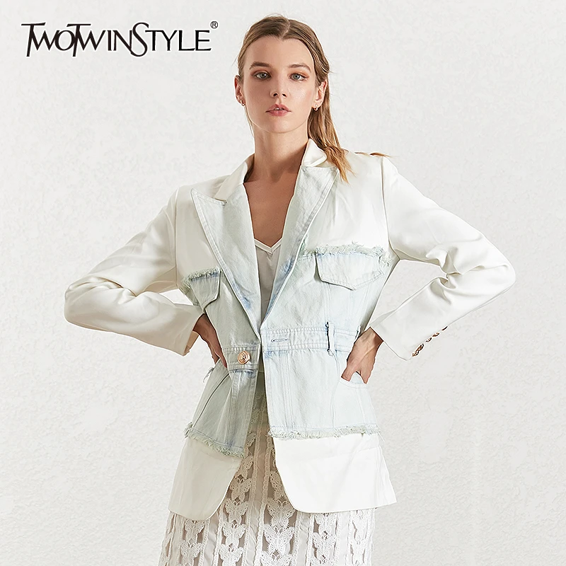 

TWOTWINSTYLE Denim Patchwork Hollow Out Women's Blazer Notched Collar Long Sleeve Tunic Female Jacket 2020 Fashion Autumn New