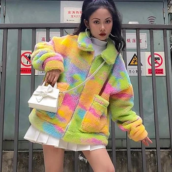 

Color Block Tie Dye Long Sleeve Oversized Fleece Jacket Women Gothic Fall Winter Loose Fuzzy Lolita Kawaii Streetwear Long Coat