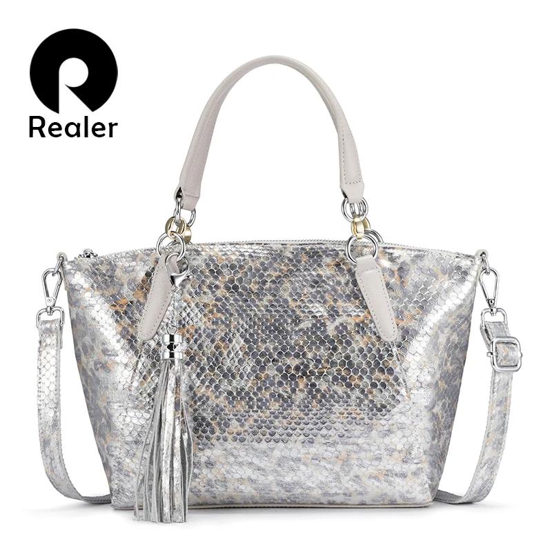 

REALER Genuine Leather Bag Women Bag Woman Handbags Large Shoulder Bags 2020 Hobos Tote Bag Fashion Serpentine Prints Leather