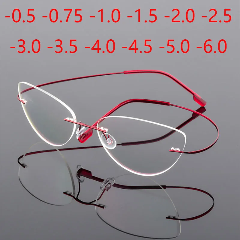 Rimless Cat Eye Titanium Alloy Glasses Men Ultralight Eyeglasses Women Frameless Eyewear Optical Myopia -0.5 -1.0 -1.5 to -6.0