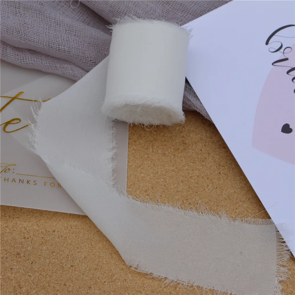  3 pcs Handmade Frayed Edged Chiffon Silk Ribbon Fringe Ribbon Wedding Invitation Bouquets Gift Wrap