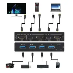 Répartiteur compatible HDMI commutateur 4K KVM Usb 2.0, commutateur 2 en 1 pour boîtier tv, moniteur partagé, clavier et souris, imprimante EDID / HDCP 