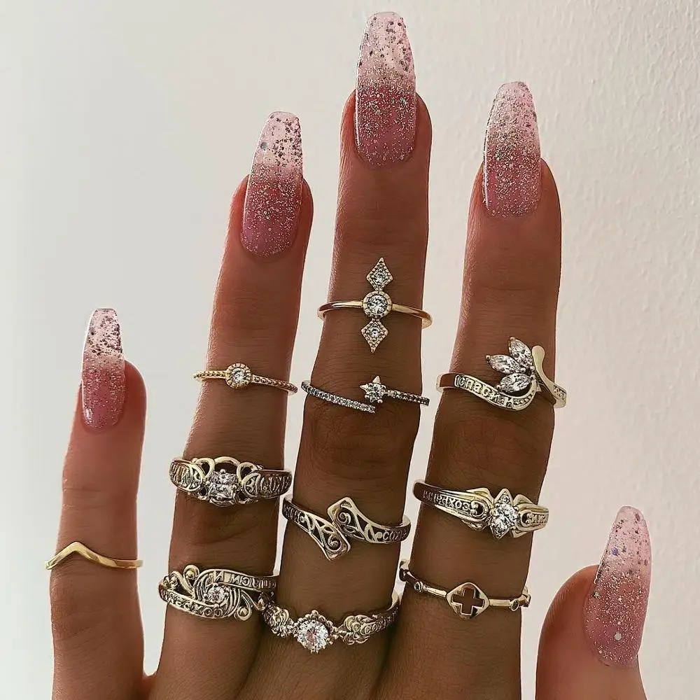 DIEZI 11 шт./компл. цветок крест Knuckle капли воды кольца набор для женщин Винтаж горный хрусталь золото серебро палец суставы кольца ювелирные изделия - Цвет основного камня: 006