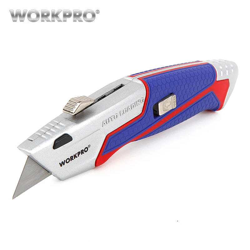 WORKPRO хозяйственный нож с выдвижным лезвием быстросменный алюминиевый сплав с 3 дополнительными лезвиями с функцией реза веревки