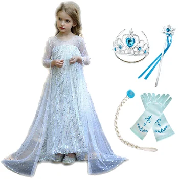 

Dress for Girls Princess Elsa Snow Queen 2 Cosplay Costume Kids Carnival Birthday Party Clothes Children Clothing Accessory Wig