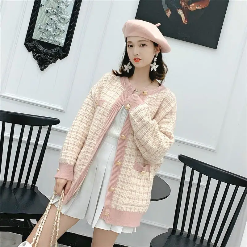 Женское осеннее разноцветное Полосатое вязаное пальто, свободный свитер с круглым вырезом и пуговицами, Женское пальто, Кардиган с длинным рукавом