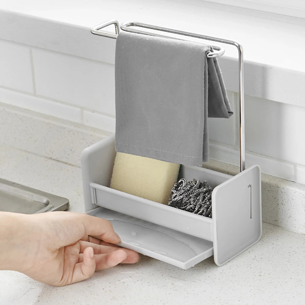 

Kitchen Storage Rack Over Sink Caddy Sponge Holder Dish Cloth Hanger with Draining Tray Kitchen Sink Storage Organizer