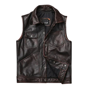 

2019 Genuine Leather Vest Cowhide Motorcycle Vest Vintage Motor Biker Waistcoat Sleeveless Jackets for Male