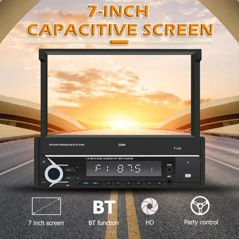 

SWM T-110 Bluetooth Car Radio Head Unit 7 inch Screen AUX USB In Dash MP5 Player Supporting Mobile Phone Charging and AUX