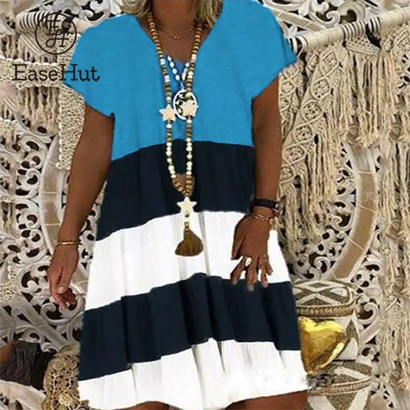 

EaseHut Short Cotton Linen Dress Women Contrast Color V Neck Short Sleeve Loose Casual Mini Dress Female Summer Sundress 2019