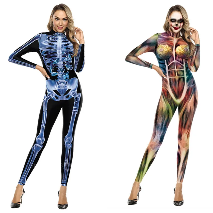 

Skeleton Scary Halloween Costumes For Women Vampire Jumpsuit Men Muscle Horror Fashion Plus Size Carnival Party Purim Disguise