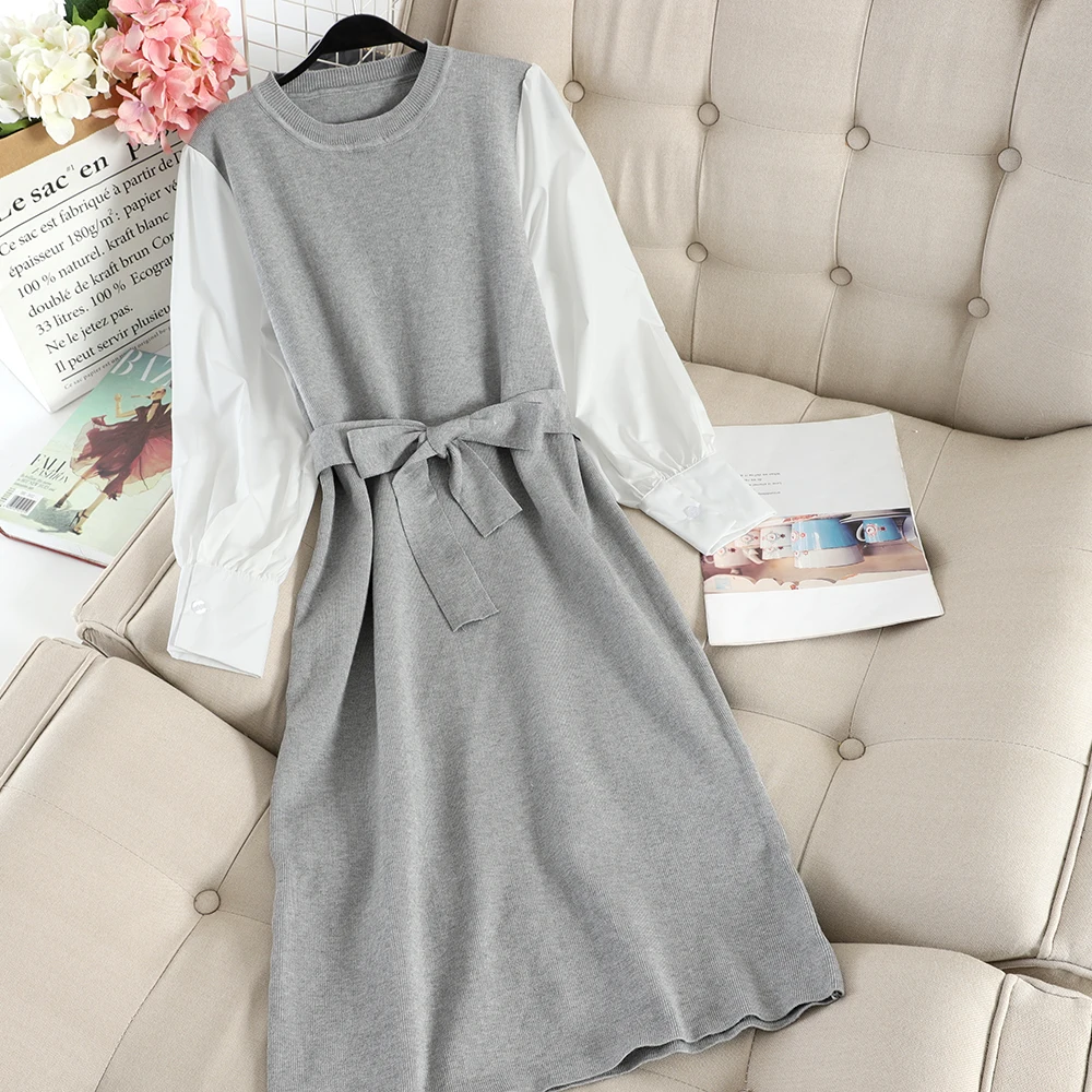 SINGRAIN Women Long Sweater Dress Long Sleeves Casual Patchwork Fake Two Piece Plus Size Midi Dress Elegant Office Knitted Dress