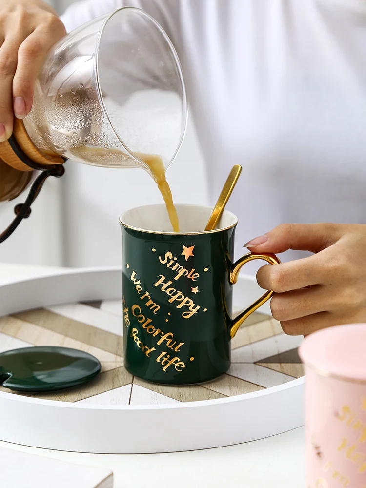 

Nordic minimalist ceramic cup mug office gold coffee cup creative couple pair cup with lid spoon Q94