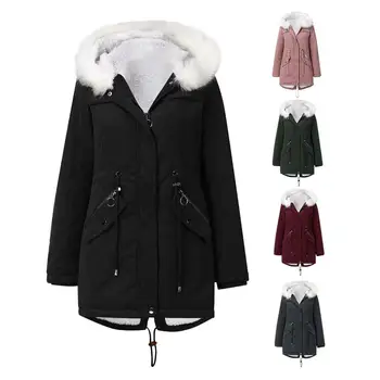 

Women Winter Faux Fur Collar Hooded Warm Fleece Midi Coat Cotton Jacket Outwear
