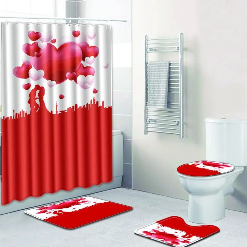 

4pcs/set Love Heart Print Waterproof Shower Curtain Bathroom Modern Toilet Seat Cover Non-slip Bath Mat Carpet Hooks Home Decor