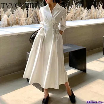 

Women Dress Temperament White Dress Cotton Seven Sleeves High Waist Large Hem Summer Dresses Spring Autumn 2020 V157