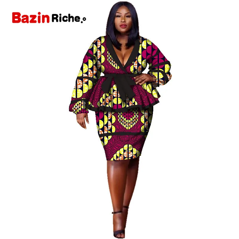 Plus Size Top and Straight Skirt Sets African Wax Print 2 Pieces Skirt Set for Women Bazin Riche African Style Clothing WY2858 - Цвет: 19