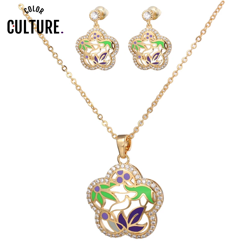 New Top Gold Color Flower Jewelry Set Multicolor Cubic Zircon Pendant/Earrings/Ring Women High Quality Copper Necklace | Украшения и