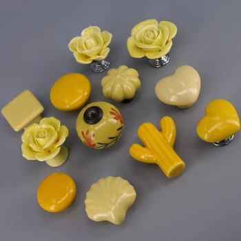 1PC Vintage Ceramic Door Knob Wardrobe Drawer Pull Kitchen Cabinet Handle Retro yellow color Ceramic Cupboard Handle