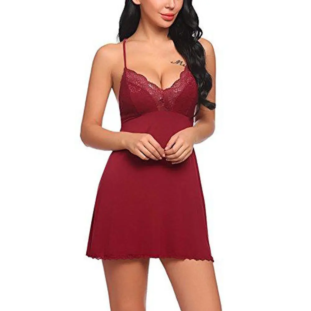 

Sexy Women Strappy Slips Lace Pajamas Silk Strap Deep V Neck Underwear Hot Erotic Robe Dress Babydoll Mini Nightdress Sleepwear