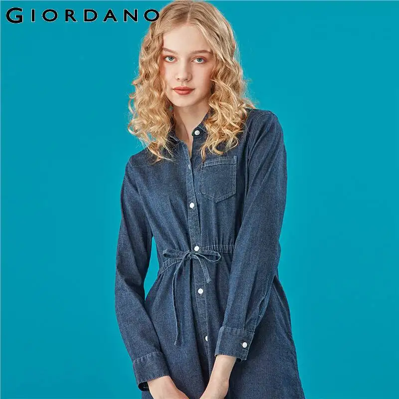 Giordano женское джинсовое платье с бантами и поясом легкое эластичное модное Бандажное платье с длинным рукавом 05469140