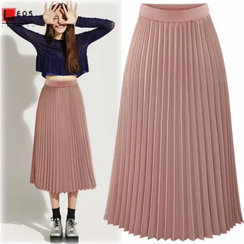 

Pleated Long Skirt Women High Waist Half Length Elastic Elastic Solid Color Skirt For Lady Spring A-line Midi Female Skirt Hot