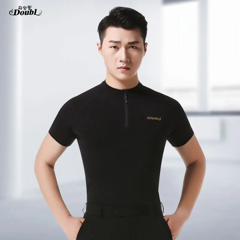 

Doubl Dance Practice Latin Tops Man Ballroom Dance Costume Modern Dance Costume Men's Elastic Fabric Short Sleeve Zipper Opening