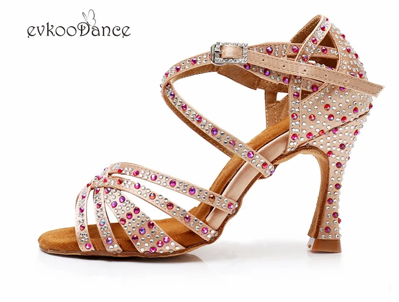 Туфли для латинских танцев; Zapatos De Baile; Каблук 9-9,5 см; Цвет хаки; Атлас со стразами; размеры США 4-12; для женщин; NL305