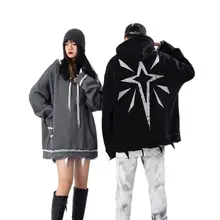 

Double Cap Rope Hem Tattered Hoodie Couple Drop Shoulder Plus Fleece Loose Hoodies Male Streetwear Oversize Pullover Anime Tops