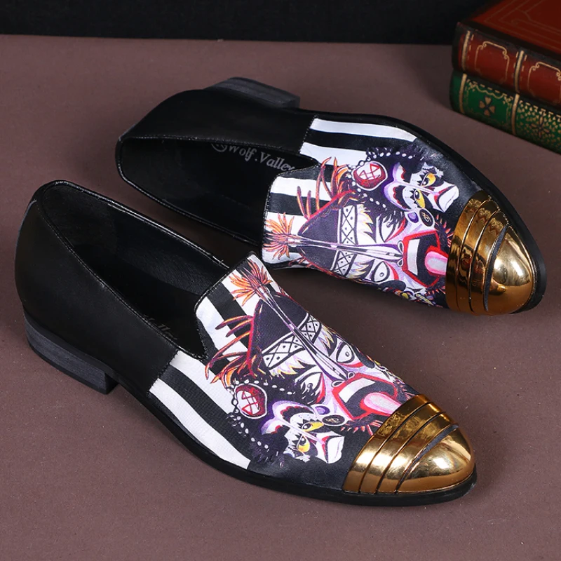 

Christia Bella Personalized Fashion Handmade Strange Pattern Men's Golden Pointed Toe Shoes Real Leather Male Party Prom Shoes
