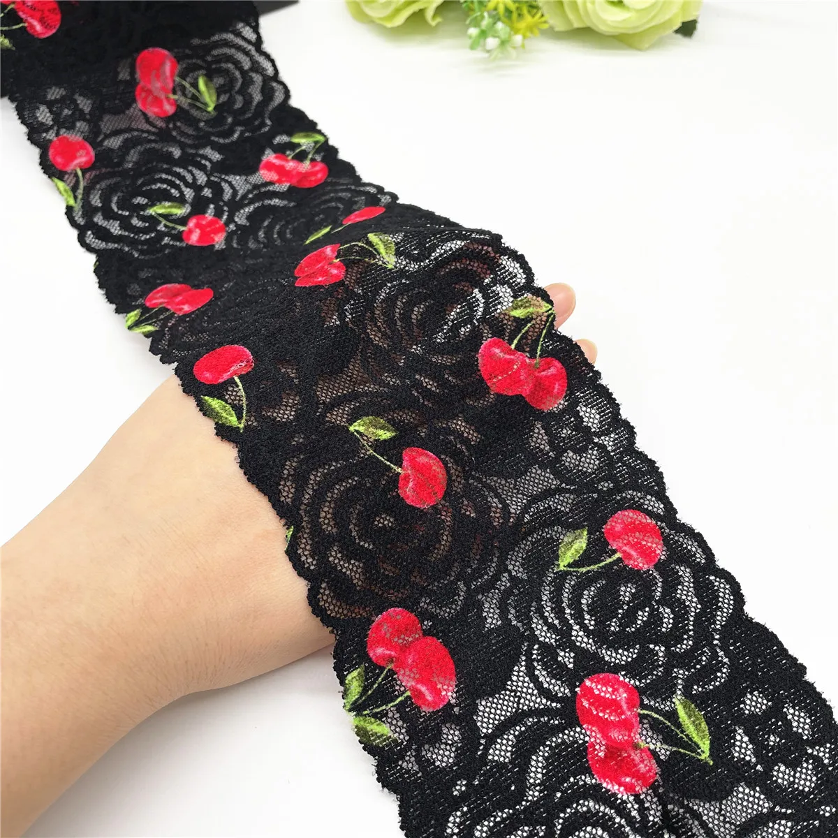 5y/lot Width 11cm Cherry Black Narrow Stretch Elastic Lace Trim 4