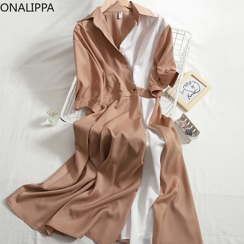 Onalippa Women Long Dress Spring New Temperament All-match Waist Thin Contrast Color Lapel Short-sleeved Big Dresses Female | Женская