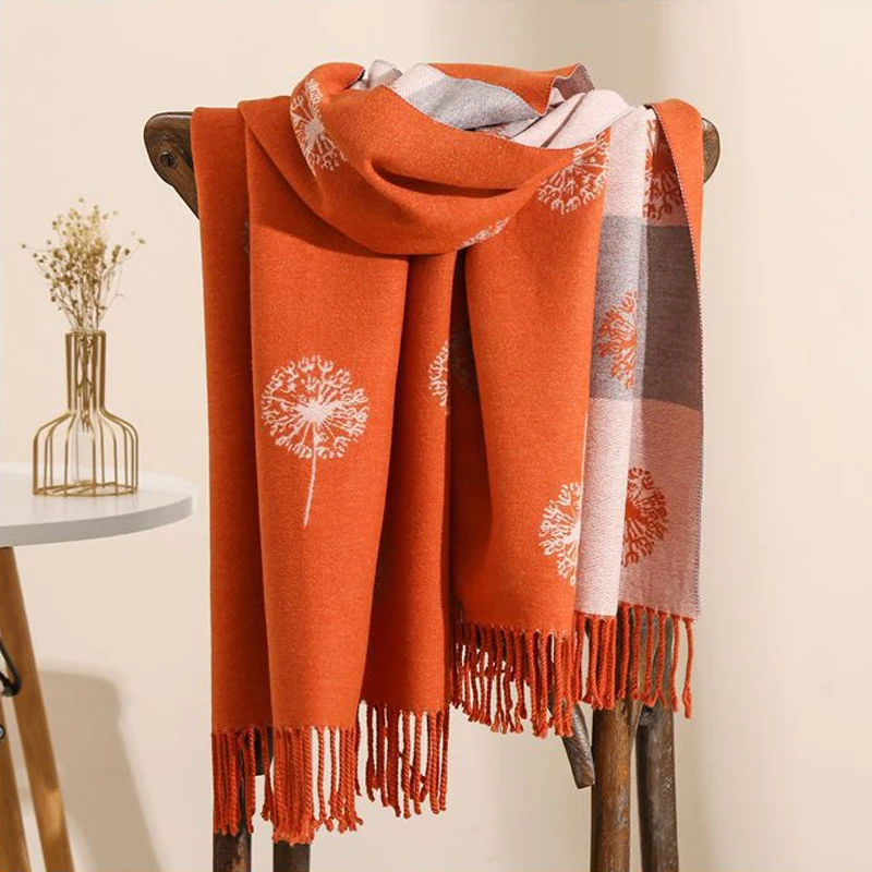 

Dandelion Pattern Cashmere Scarf Winter Thick Wild Ladies Warm Shawl Girlfriend Gift Double-Sided Scarf