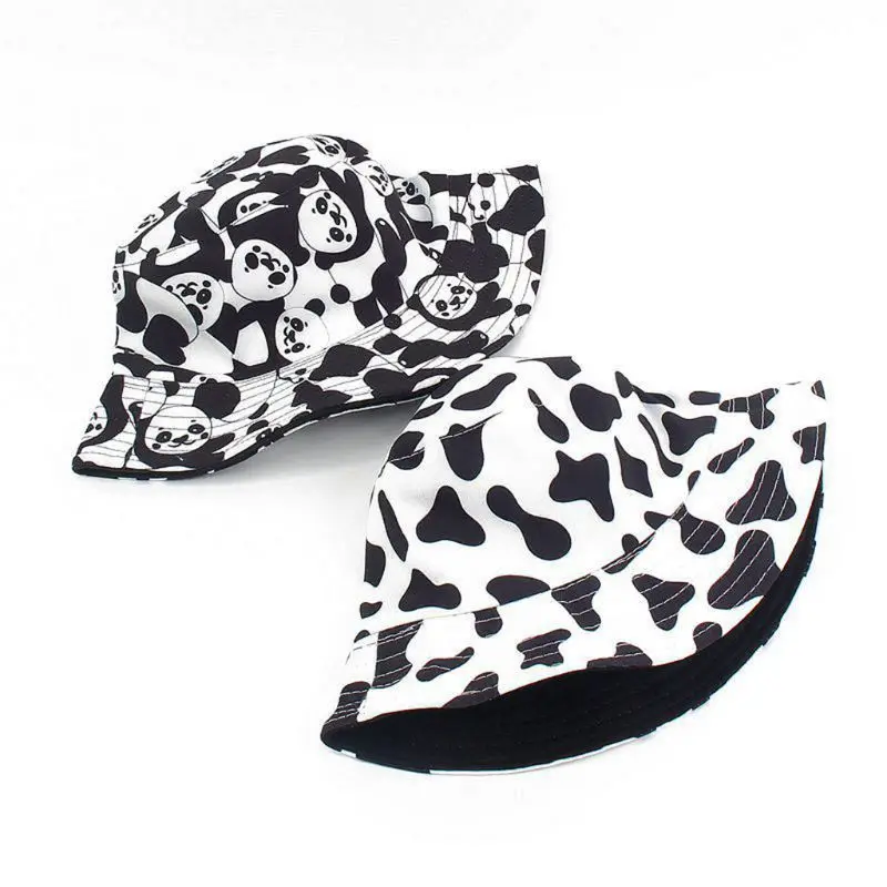 Unisex Summer Cotton Bucket Hat Black White Panda Animal Print Reversible Outdoor Sunscreen Hip Hop Panama Fisherman Cap