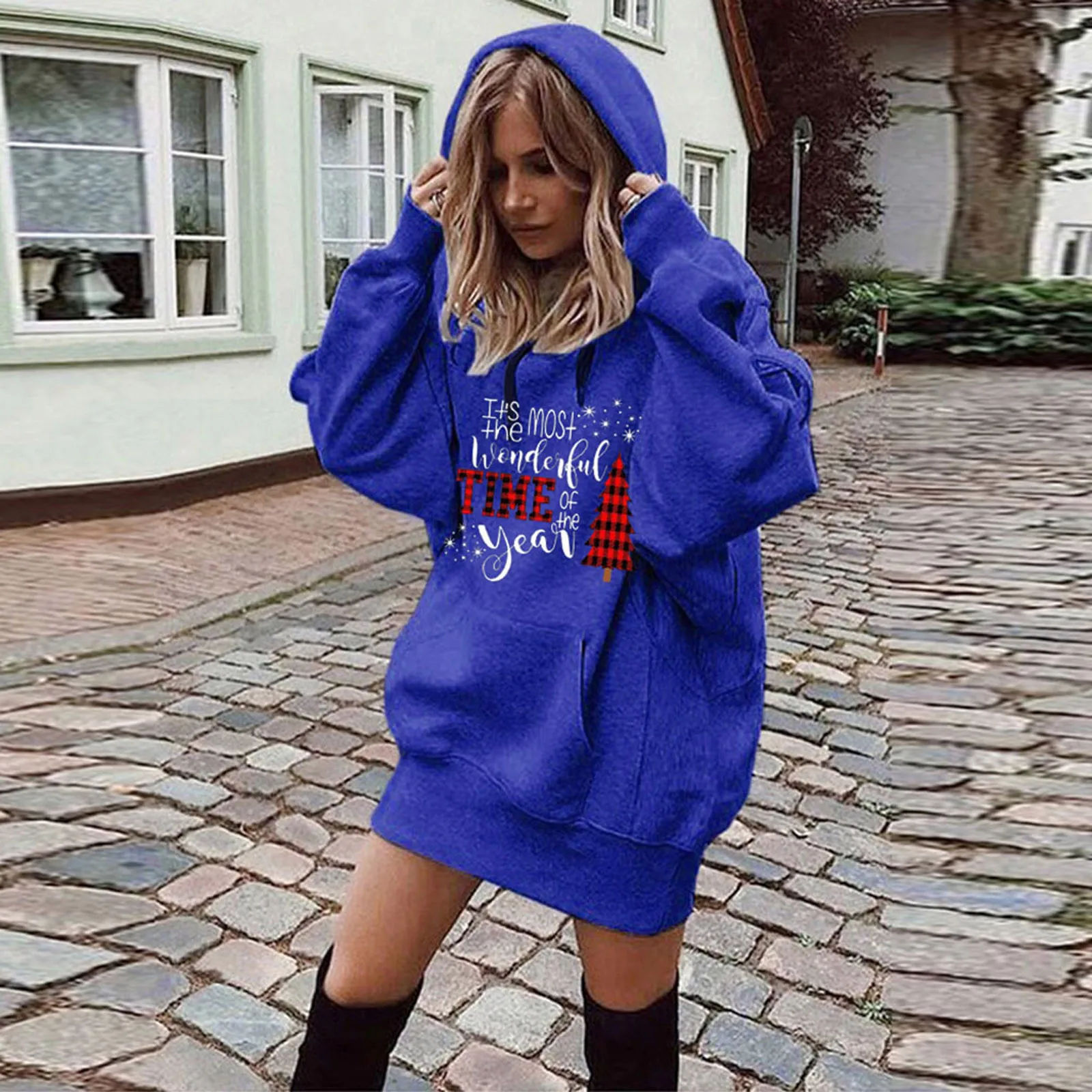 Oversized Hoodie Dress Women Sweatshirts Long-sleeved Pocket Pullover Hoodie Sweatshirt  Tops It's the most wonderful time year 2