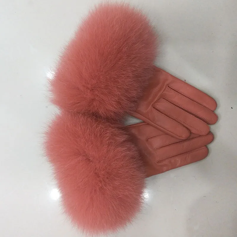 Female Luxury Real Leather Gloves With Real Fox Fur Cuff Women Warm Winter Genuine Leather Gloves Ladies Casual Hand Warmer