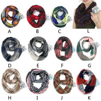 

Women Men Winter Travel Pashmina Plaid Infinity Scarf with Hidden Zipper Pocket