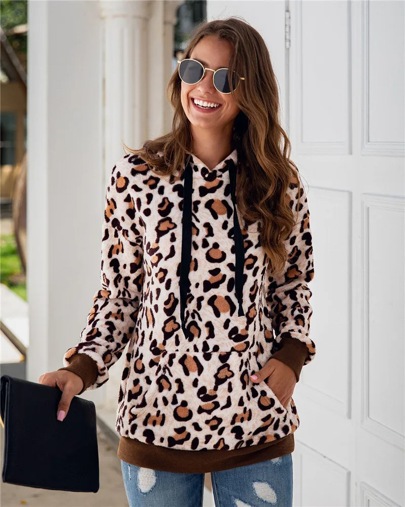 

Women Leopard Printed High Collar Pocket Fleece Hoodie Streetwear Long Sleeve Plush Coat Drawstring Sweatsirts Pullover Top