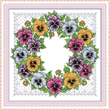 

Joy Sunday Pansy Wreath Printed Cross Stitch Kits 11&14CT Flowers Cross Stitch Kits Embroidery Needlework Sets Cross Stitch Kits