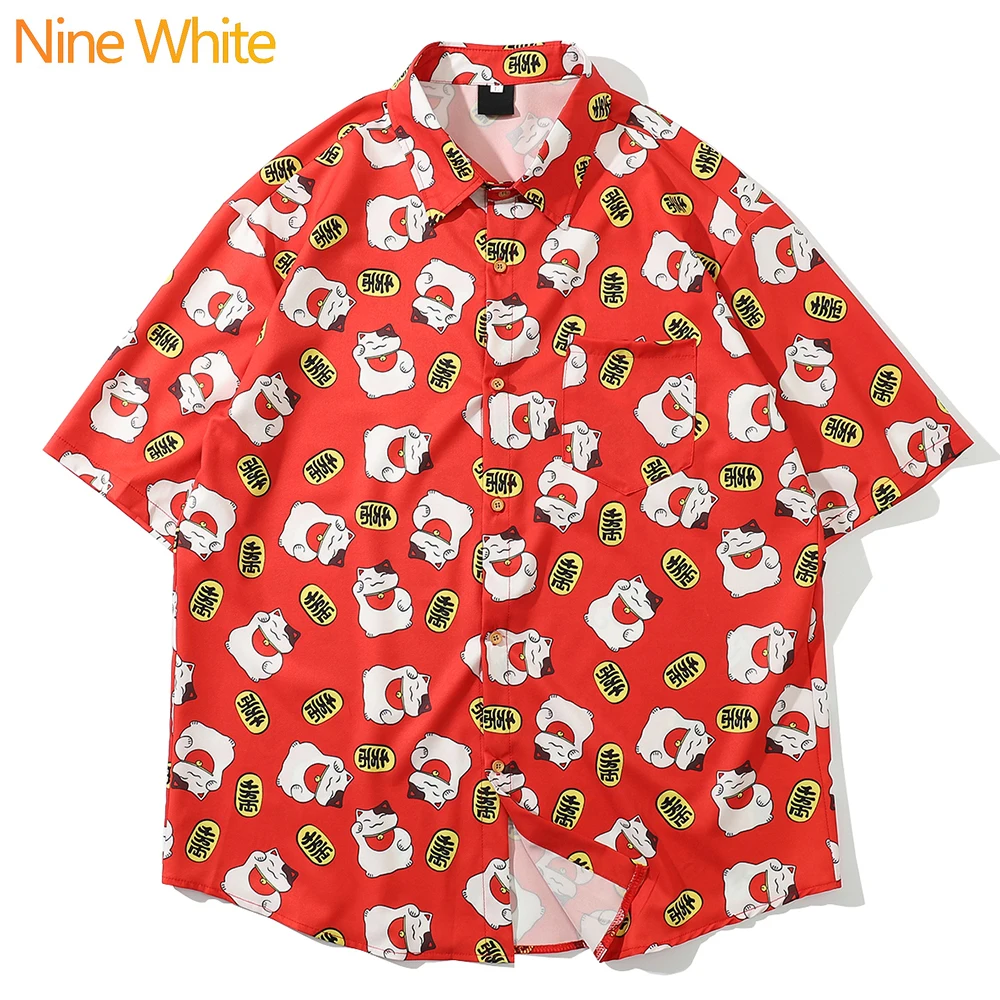 

2020 hip-hop shirt street style men's Hawaiian shirt beckoning cat pattern original summer beach shirt short sleeve new